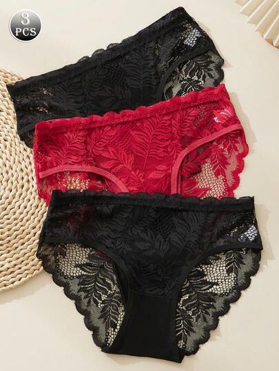 3pcs Classic Sexy Mid-Rise Panties, Seductive Lace Panties With Mesh Design, Black Panties, Red Panties, Floral Pattern, Romantic And Elegant Charm, Panty Sets, Sexy Lingerie, Fashionable Style
