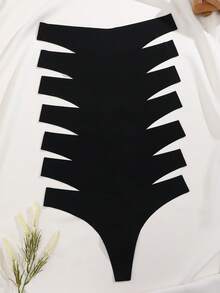 FINETOO 7 件装女士纯色 V 腰舒适无缝性感丁字裤内裤，黑色，低腰 - 黑色 - 查看 3