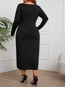 Đầm dài màu trơn thanh lịch cỡ lớn dành cho nữ, thích hợp cho các dịp dạ hội trang trọng, màu đen thu xuân. - màu đen - Xem 2