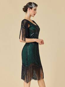 1920年代《了不起的盖茨比》风格女式连衣裙，复古长流苏连衣裙，咆哮的二十年代亮片串珠连衣裙 - 綠色 - 查看 6