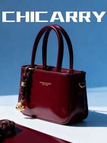 Borsa a tracolla quadrata da donna di colore unito con tracolla rimovibile, charm a forma di cane in metallo, motivo con stampa di lettere, borsa a tracolla elegante bordeaux, chiusura con cerniera, fodera in poliestere, stile vintage, adatta per lo shopping e le uscite