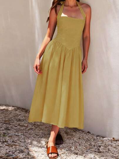 Women's Elegant Polka Dots Halter Long Dress Sexy Backless A Line Flared Party Club Dresses