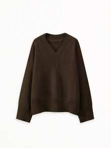 Women's Solid Color Ribbed Knit Pullover Sweater, Fashionable And Elegant, Loose Fit, Autumn/Winter - Coffee Beans - View 8
