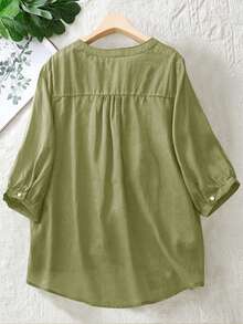 Plus Size Vintage Embroidered Viscose Blouse For Women, Lightweight & Loose, Suitable For Spring/Summer, Casual - Green - View 2