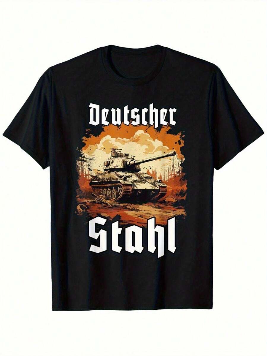 T-shirt homme Tigre allemand Panzer 1943 Graphique militaire - 100% coton, 220 g/m² Conception de combat vintage douce, coupe ample avec imprimé tropical et texte "German Steel", version rétro pour les passionnés d'histoire (S-3XL) - Cadeau durable pour les fêtes et les tenues décontractées - Noir - Voir 1