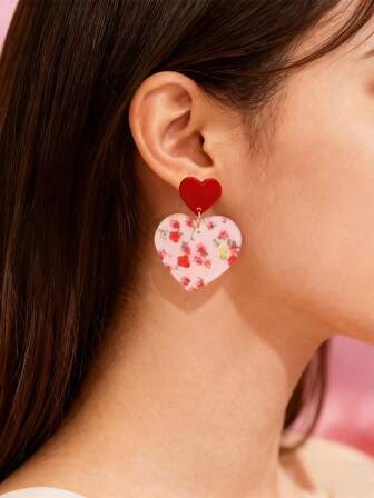 1 par de pendientes de doble capa con corazón y flores, de colores contrastantes, con estilo vintage, versátiles, adecuados para citas, Día de San Valentín