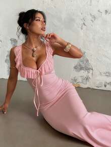 Autumn Minimalist Sexy Hot Girl Sexy Ruffled Lace-Up Slim Stretch Dress, Suitable For Valentine's Day, Dates, Gatherings, Parties, Travel, Vacation, Beach And Other Occasions - 粉色 - 查看 1