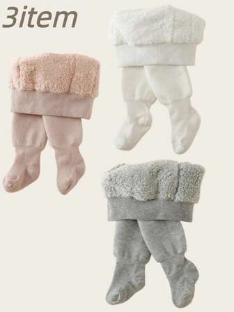 3item Kids Tights Baby Girl's Tights Newborn Toddler Leggings Socks Children's Women's Super Thick Fleece Lined Tights, Simple Solid Color, Warm Winter Outdoor Wear,