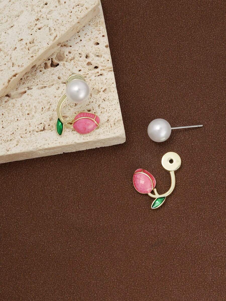 1 Pair Cute, Minimalist, Sweet Rose Flower Earrings, Korean/Japanese Style, Kawaii - Multicolor - View 1