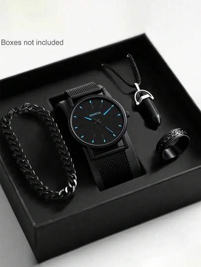 Conjunto de 4 piezas de reloj de mujer de moda, estilo deportivo y casual, con agujas azules y rojas, reloj de cuarzo con collar colgante, pulsera y anillo. Adecuado para uso diario de la mujer, regalo perfecto para fiestas, Navidad, cumpleaños y decoración