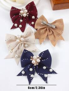 6pcs Solid Color Rhinestone Textured Bow Hair Clips, Elegant Pearl Crystal Barrettes, Suitable For Girls, Princesses, Daily Wear And Parties