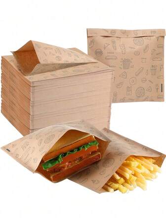 100 יחידות שקיות אחסון מזון אטומות בצבע חום, שקיות אריזה דביקות לכריכים, לחם, צ'יפס, אידיאליות לפיקניקים ומסיבות, ציוד לבית הספר, שקית אוכל, קופסת אוכל, מתאימה לממתקים, שוקולד וכו'. חזרה לבית הספר