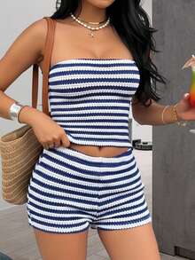 Women 2 Piece Striped Outfit Off Shoulder Cropped Tube Tops And Mini Shorts Set For Daily Party Club - Blue - View 3