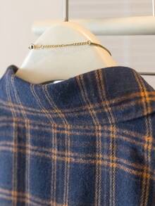 YUXIN 女春夏复古格子衬衫翻领长袖宽松日常通勤/休闲出游透气修身百搭上衣 - 藍色 - 查看 10