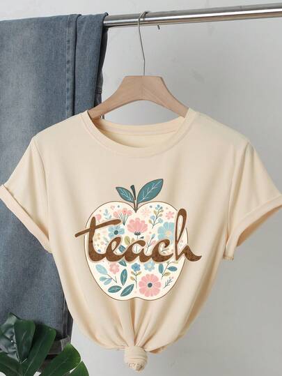 复古花卉教师风格“Teach”字母图案休闲圆领短袖 T 恤女士日常穿着，送给老师的礼物