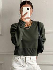 Livesso Loose Fit Cropped Pullover Sweater For Women, Versatile New Style Fall - Army Green - View 3