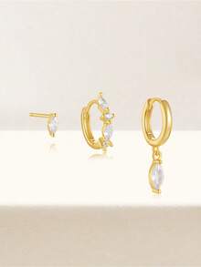 3pcs Asymmetric Zirconia 925 Sterling Silver Single Earrings, Women's Pierced Earrings, Suitable For Wedding Bride Jewelry - Gold - View 5