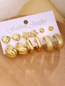 12pcs Golden Heart-Shaped Star C-Shaped Earring Set, Fashionable And Elegant, Suitable For Daily Wear, Parties And Events - Gold - View 3