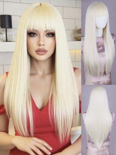 26 Inch Women Beige Long Straight Hair With Bangs Full Wig, Suitable For Daily Wear, Parties And Holidays