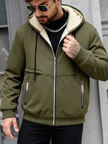 Hidkat 男士冬季保暖内衬卫衣，拉链印花口袋休闲卫衣，适合日常穿着 - 橄欖綠 - 查看 2