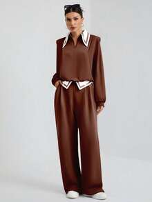 Women's Casual Business Sweetheart Neck Long Sleeve Top And Loose Straight Leg Pocket Pants 2 Pieces Set, Autumn/Winter - Coffee Brown - View 4