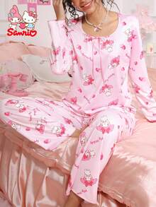 SANRIO 两件套三丽鸥旋律女士睡衣套装，粉色，草莓字母爱心印花，蝴蝶结装饰，可爱家居服套装 - 淺粉色 - 查看 1