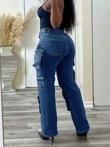 Women's Jeans, Y2K Style Women's Wear, High Street Straight Leg Jeans, Women's Fashion Y2K Loose Straight Leg Workwear Jeans, Mid Waist Workwear Pants Valentine Outfits For Women,Jeans De Mujer,Jeans >Pants, All Year Round, With Multiple Pockets Design, Religion>Clothes, Suitable For Going Out, Cocktail Parties, Parties, Christmas, Nightclubs, Banquets, Film Festivals Cinema, Ball, Cocktail Party, Bar, Wedding, Graduation Ceremony, Homecoming, Birthday Party, Rebellious Girl, Holiday Theme Party, Out Dress, Streetwear, Fashion Show, Date, Valentine 's Day, Out Work University, School Village, Concert, Street Girl, Girl, Country Outfits Women, Out Best Women Ladies' Vacation Clothing, Country Concert Outfit,New Years Outfit Women - 寶藍色 - 查看 2