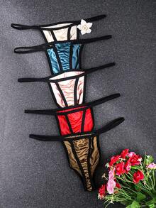 5 PCS Men's Contrast Binding Satin Thong, Low Rise T-Back Underwear, Soft Comfortable Briefs, Summer - 彩色 - 查看 2
