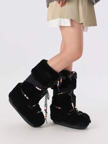 Knee High Boots For Women Mid-Calf Flat Fuzzy Boots Round Toe Slip On Boots Lace Up Bow Comfortable Boots Party Dressy Outdoor Fashionable Fashion Boots - 黑-A - 查看 7