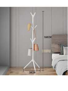 1个现代树形落地式衣帽架 - 稳固的三角形底座，塑料材质，轻巧设计，挂钩可360°旋转，节省空间，适用于玄关、卧室和客厅。北欧简约单杆卧室衣帽架，易于组装，适合家庭、办公室或酒店使用。提供黑色/白色两种颜色，可选6个或9个挂钩，多功能收纳，适合公寓生活。