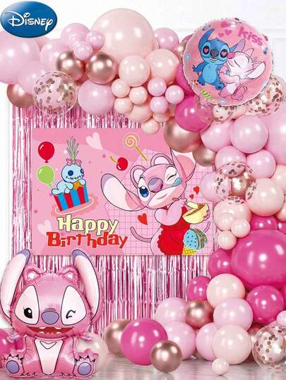 76pcs Pink Stitch Angel Balloon Set, Indoor Decor, Birthday Party, Wedding, Holiday, Daily Gathering, Back To School, Christmas Party, Graduation Anniversary Decoration, Photo Backdrop, Gift For Friends And Family, Christmas