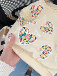 M.Dian xi 2-5岁女童碎花爱心印花套头卫衣，时尚儿童春秋季上衣 - 米色 - 查看 4