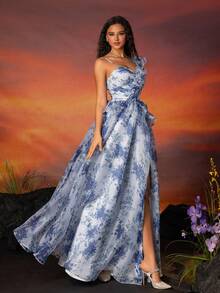 VIPGIRL Floral Print Mesh Ruffle Trim Asymmetric Neck Evening Maxi Dress - Blue - View 6