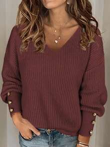 Women's All-Match Loose V-Neck Button Knit Sweater, Casual Versatile Lightweight Ribbed Pullover - Coffee Brown - View 2