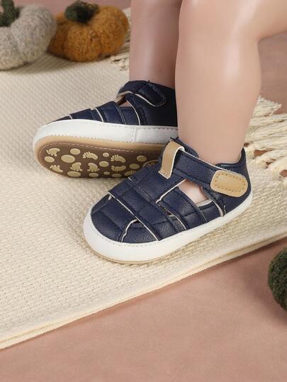 1 Pair Toddler Unisex Solid Color Hook And Loop Design Sandals, Breathable & Comfortable For 0-1 Year Old Babies, Suitable For Summer