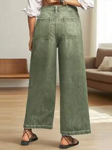 Quần jeans nữ dáng rộng, dài đến khuỷu tay (7/8), kiểu dáng thanh lịch, thời trang với túi hình thoi, thích hợp cho mùa xuân. - xanh quân đội - Xem 3