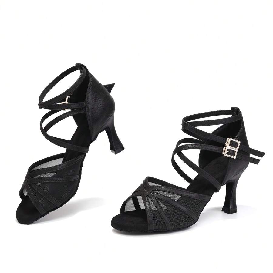 Women'S Latin Dance Shoes, Fashionable Silver Dance Sandals, Ankle Strap Design High-Heeled Dance Shoes, Mesh Salsa Dance Shoes, Ballroom Performance Practice Dance Shoes