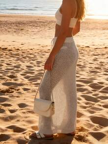 女士休闲假日沙滩裙透视镂空纯色针织系带钩针泳裙比基尼罩衫长款沙滩裙针织高腰紧身沙滩装性感辣妹海边连衣裙，春夏秋季 - 白色 - 查看 1