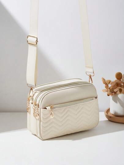 1pc Women's Casual Commuter Crossbody Bag, 4 Zipper Design, Solid Color Personalized Fashion Wavy Pattern, Comfortable Handheld And Shoulder Strap, Large Capacity, Suitable For Travel, Shopping, Commuting