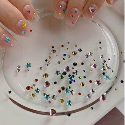 20颗新款极简迷你星形扁平水钻，大小圆形水钻，心形水钻，美甲装饰，美甲配件，DIY装饰，用于美甲设计，美甲沙龙使用，美甲用品，美甲宝石
