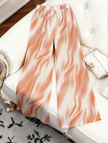 Women's Shiny Casual Two Pieces Set Round Neck Batwing Short Sleeve Cropped Tops Printed Wide Leg Trousers Elegant Office Wear Party Outfits - Orange - View 7