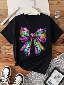 Mardi Gras Sequin Bow T Shirt Women White Purple Green Gold Party Celebration Top - 黑色 - 查看 3