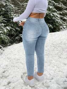Plus Size Washed Denim Ripped Skinny Jeans With Medium Stretch For Curvy Figures - Blue - View 3