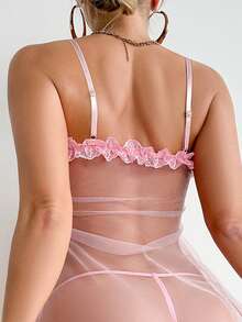 Đồ ngủ màu hồng cho nữ, váy búp bê dễ thương, trang trí nơ, ren và voan cô dâu, xẻ tà, viền bèo nhún, đồ cưới, nội y cô dâu, bộ nội y gợi cảm, bộ váy voan gợi cảm - Màu Hồng baby - Xem 1