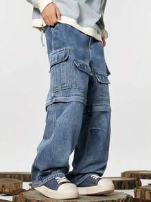 青少年街头多口袋工装裤，春秋季新款宽松复古蓝色直筒牛仔裤，适合中大童男孩