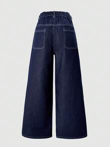 少女日常通勤休闲宽松阔腿牛仔裤 - 藍色 - 查看 2