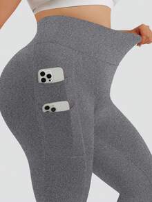 1pc Autumn/Winter Ribbed Brushed Plus Size Yoga Leggings, Gray, With 4 Pockets, Front Gusset Design, Double-Layer Waistband - Grey - View 4