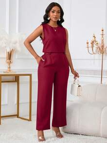 2 件套女士休闲优雅无袖上衣和裤子套装，带斜口袋和纽扣细节 - 深紅 - 查看 8