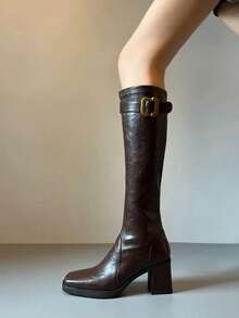 女士性感高跟过膝长靴，搭扣方头修身骑马靴，秋冬款 - 棕色 - 查看 4