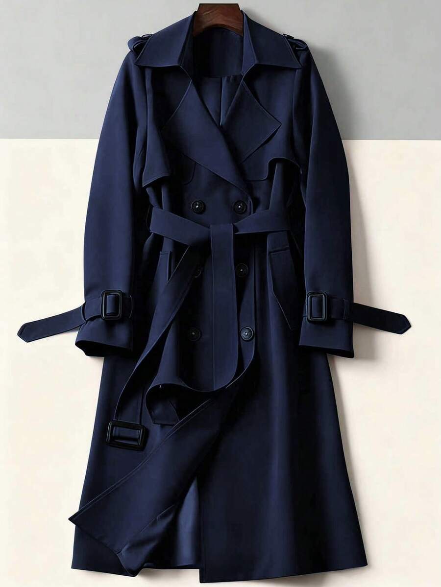 女士百搭优雅秋冬风衣，时尚通勤休闲长款风衣，英伦风中长款外套 - 藏蓝色 - 查看 1